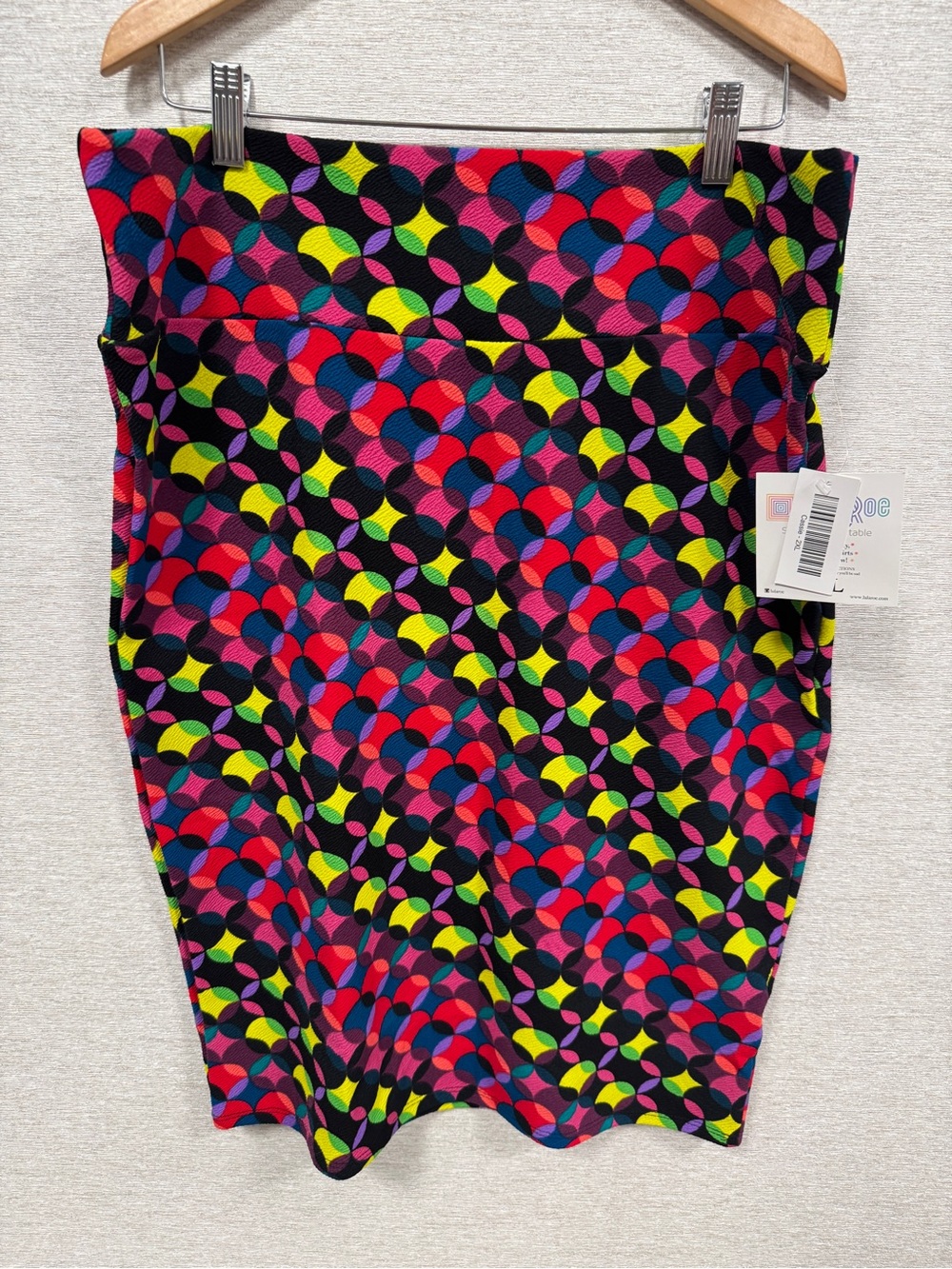 LuLaRoe Pencil Skirt (Cassie) - Black with Neon Pink, Red, & Yellow Geo Print